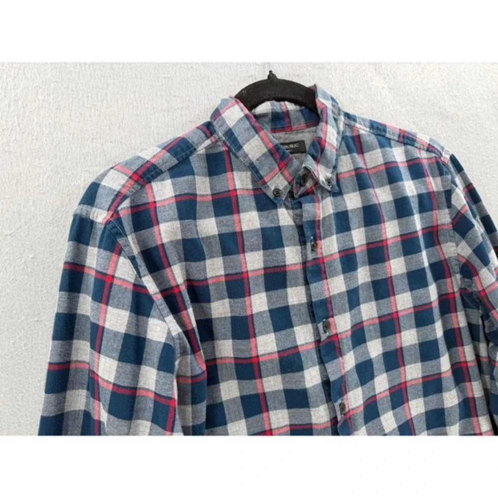 Banana Republic Flannel Shirt Mens Size S Gray Blue Grant‎ Luxe Tartan Heritage
